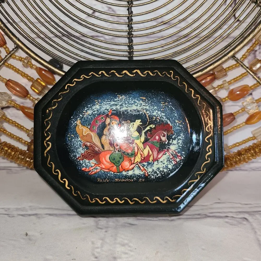 Russian Lacquer Box Palekh Style Hand Painted Artist Signed Vintage Folk Scene